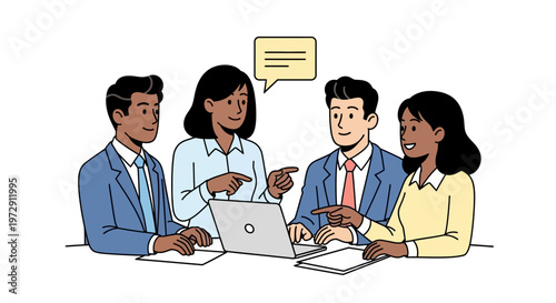 Diverse team collaborating on a project with laptop in a business meeting.