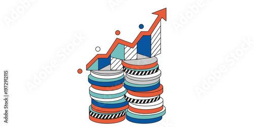 Financial success concept depicted as a gold coin with upward trending chart and growing arrow, symbolizing wealth and investment growth.