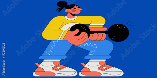 Dumbbells and barbell with strong bodybuilder posing to demonstrate fitness training concept vector illustration with dynamic poses.