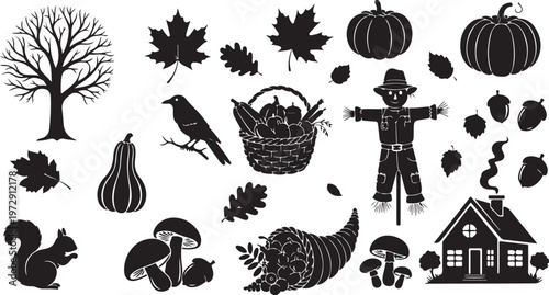 Autumn Harvest Symbols and Icons in Black and White