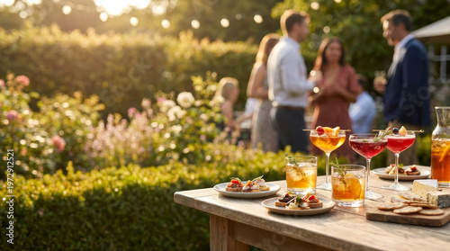 Garden party cocktail appetizer outdoor summer table sunset gathering drink food