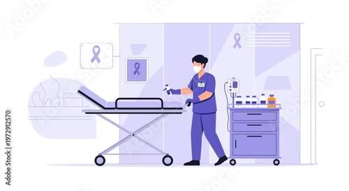 Nurse in protective gear attending to patient bed in modern hospital room