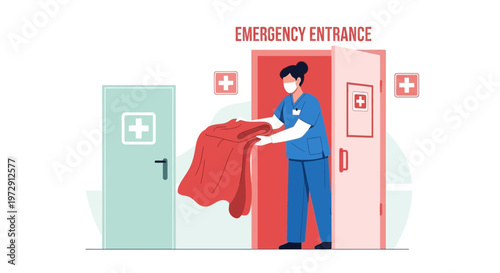 Nurse in scrubs and mask entering hospital emergency room with red blanket