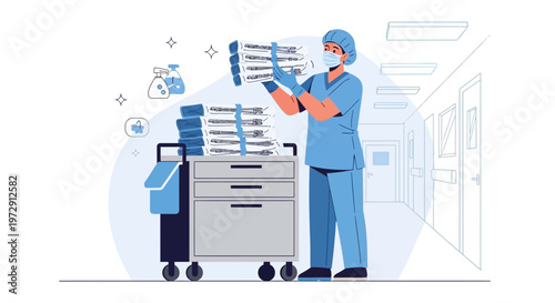 Nurse in hallway with medical cart and test tubes