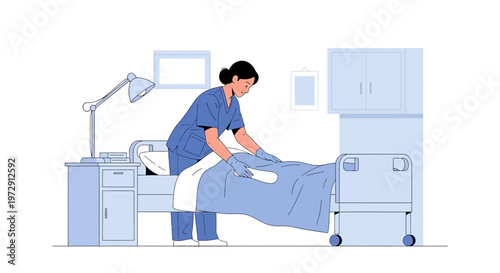 Nurse Making Bed in Hospital Room, Patient Care, Healthcare Illustration