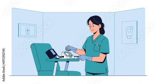 Nurse Operating Blood Pressure Monitor in Medical Clinic Examination Room