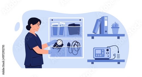 Nurse organizing medical equipment in a clean storage unit, healthcare supplies