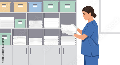 Nurse Organizing Linens in Hospital Storage Room
