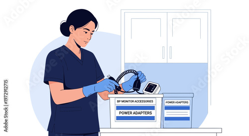 Nurse organizing medical equipment, power adapters for BP monitor in storage