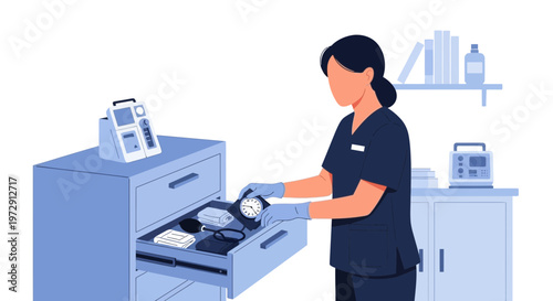 Nurse organizing medical equipment in a clinic drawer, healthcare supplies, medical instruments