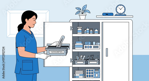 Nurse Organizing Medical Supplies in a Cabinet