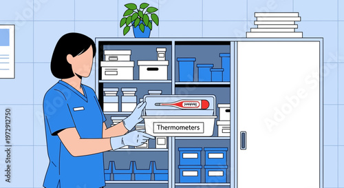 Nurse Organizing Medical Supplies, Storing Thermometers in Hospital Cabinet