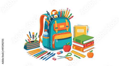 Colorful school supplies and backpack.