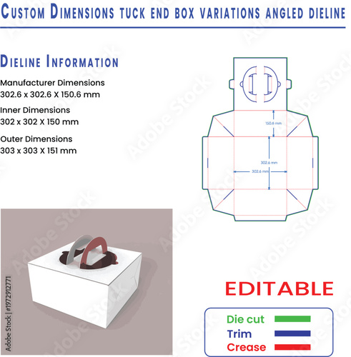 Custom Tuck End Box Dieline Information and 3D Model with Dimensions packaging template