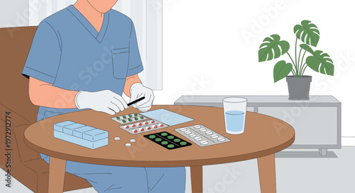 Nurse organizing pills and medication for patient care, healthcare concept