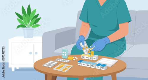 Nurse organizing medication in pill organizer, healthcare and home care concept