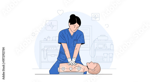 Nurse performing CPR on a dummy, medical training, resuscitation, emergency care