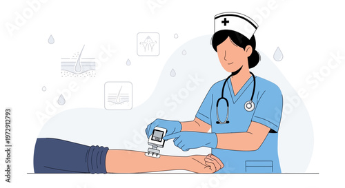 Nurse performing skin analysis on patient's arm with dermatoscope for medical diagnosis