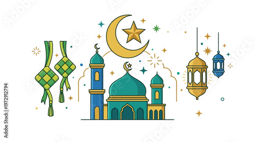 Mosque with crescent moon and stars.