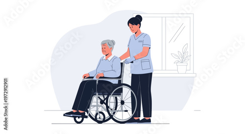 Nurse pushing elderly woman in wheelchair, caregiving, medical assistance, home healthcare concept