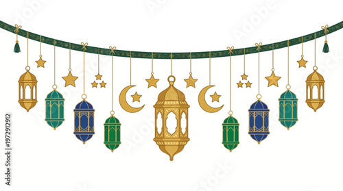 Ramadan lanterns and crescent moon.
