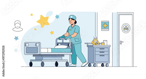 Nurse pushing hospital bed with medical cart and patient icon in clinic room