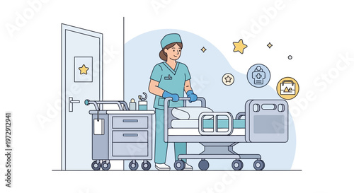 Nurse pushing hospital bed with medical equipment and icons in room