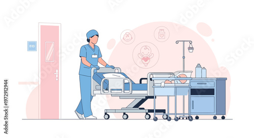 Nurse pushing hospital bed with newborn baby in incubator, maternity ward