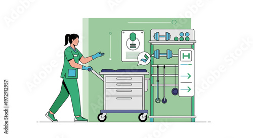 Nurse pushing medical cart in physiotherapy gym with weights and exercise equipment