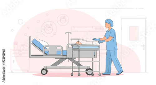 Nurse Pushing Newborn Baby In Bassinet Next To Hospital Bed