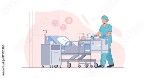 Nurse pushing patient in hospital bed with medical equipment in modern clinic room