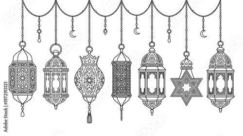 Collection of hanging lanterns and star.