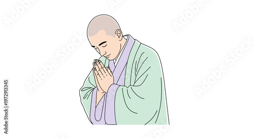 Elderly Asian man in prayer gesture.