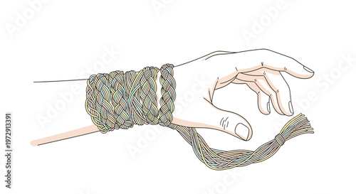 Hand with rope binding wrist tightly.