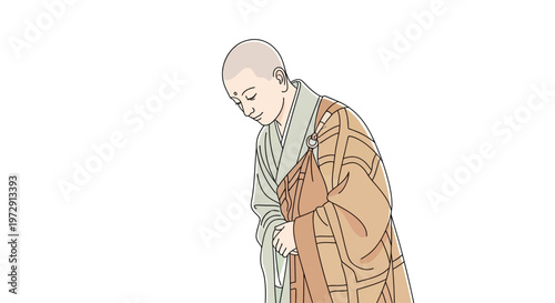 Bald man in orange robe bowing.