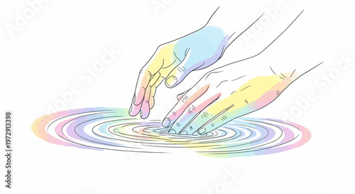 Hands touching water surface calmly together.