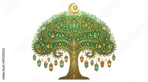 Tree with colorful hanging ornaments.