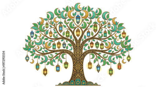 Colorful tree with hanging ornaments.