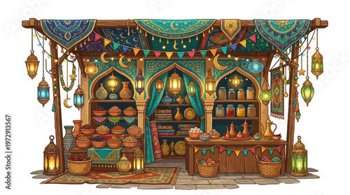 Colorful Middle Eastern sweet shop interior.