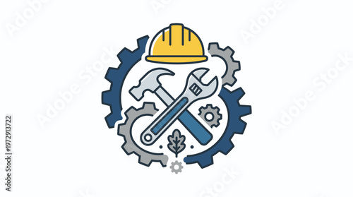Industrial tools and hard hat logo.