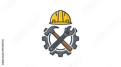 Construction tools and hard hat symbol.