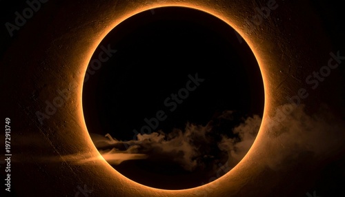 Solar eclipse with orange glow on dark background and clouds