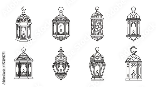 Collection of ornate metal lanterns hanging.