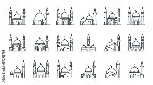 Collection of mosque architecture line icons.