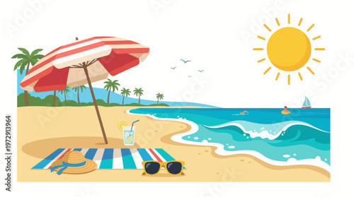 Beach umbrella with striped towel.