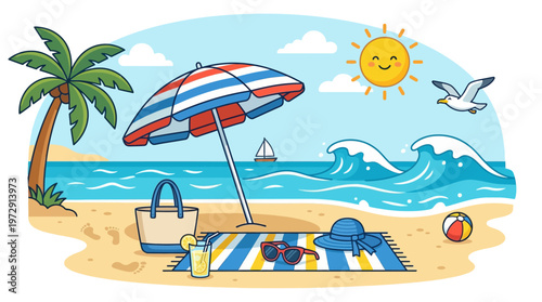 Beach umbrella with blue and white stripes.