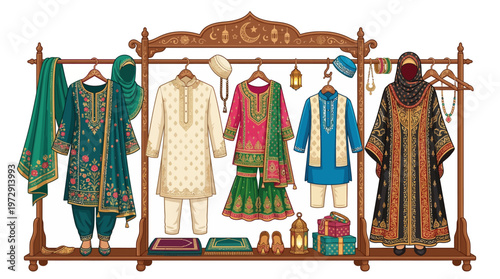 Traditional clothing on wooden rack.
