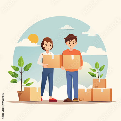 段ボールを運ぶ日本人カップルの引っ越し風景イラスト