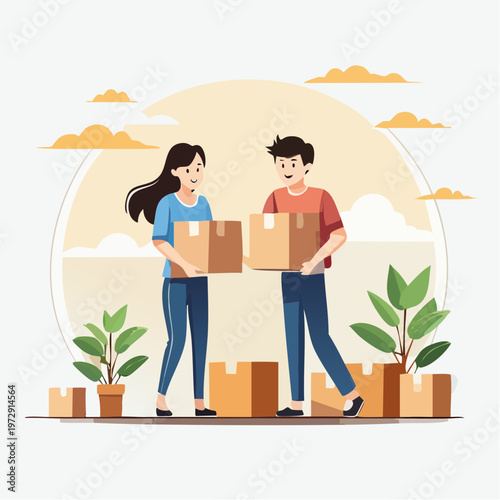 段ボールを運ぶ日本人カップルの引っ越し風景イラスト