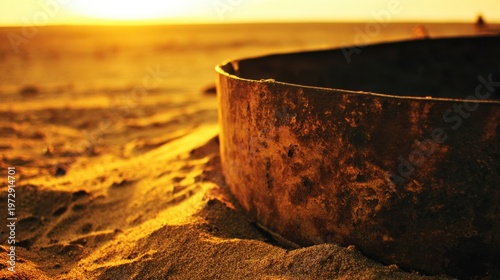 Rusty cooking pan abandoned on a sandy beach at sunset